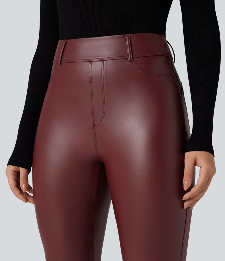 Leggings décontractés taille haute en polaire PU extensible avec poches