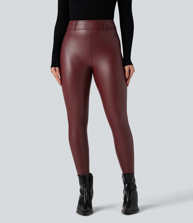 Leggings décontractés taille haute en polaire PU extensible avec poches