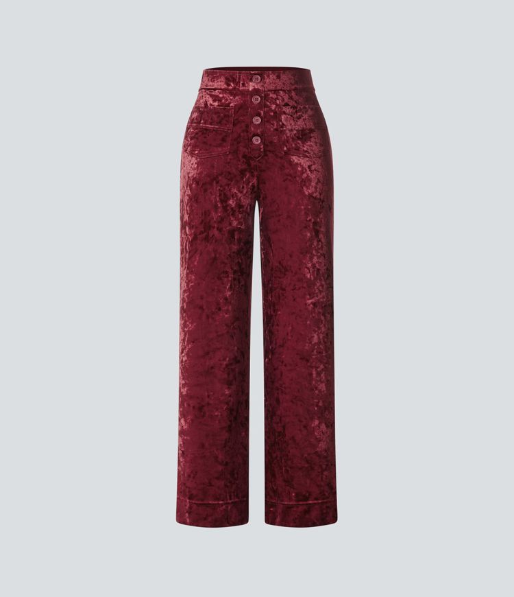Pantalones casual de terciopelo de cintura alta con bolsillos y pernera recta