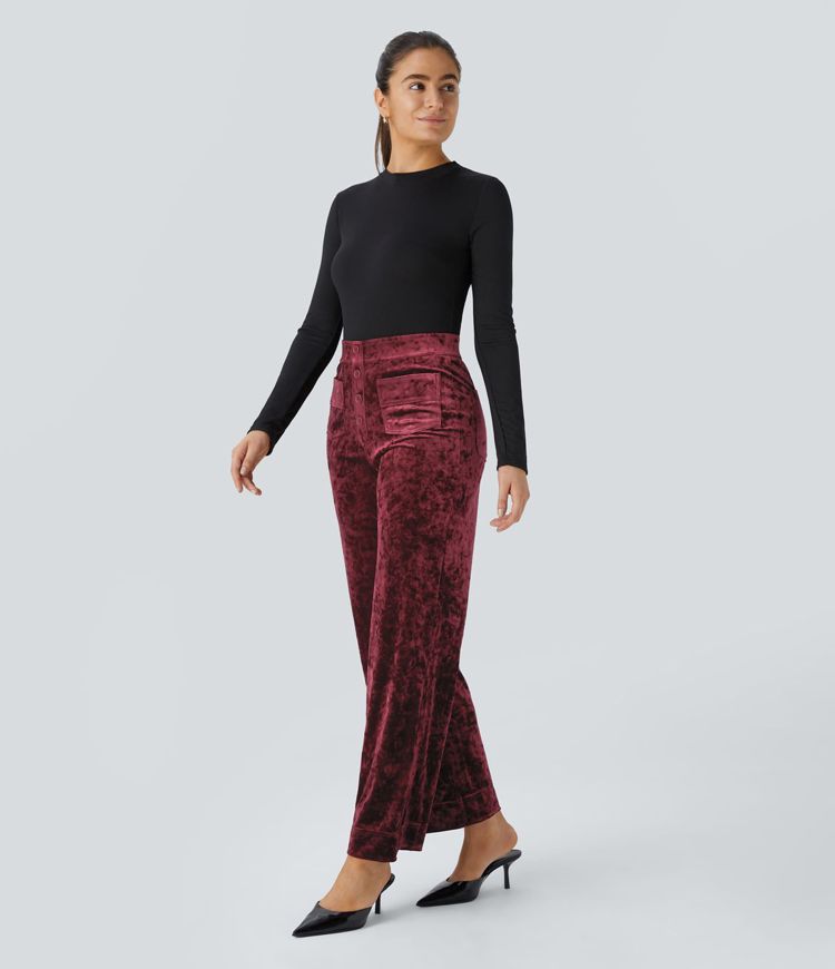 Pantalones casual de terciopelo de cintura alta con bolsillos y pernera recta