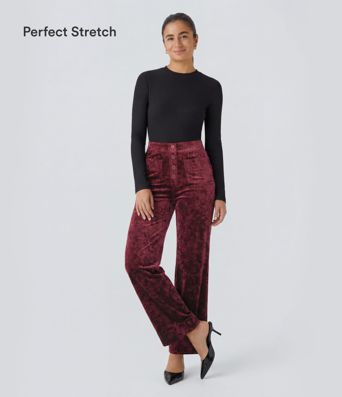 Pantalones casual de terciopelo de cintura alta con bolsillos y pernera recta