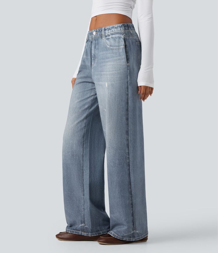 Halara Flex™ - Lässige Baggy-French-Terry-Denimjoggers mit mittelhohem Bund, Seitentaschen und weitem Bein