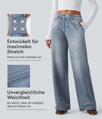 Halara Flex™ - Lässige Baggy-French-Terry-Denimjoggers mit mittelhohem Bund, Seitentaschen und weitem Bein