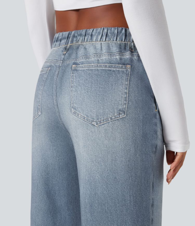 Halara Flex™ - Lässige Baggy-French-Terry-Denimjoggers mit mittelhohem Bund, Seitentaschen und weitem Bein