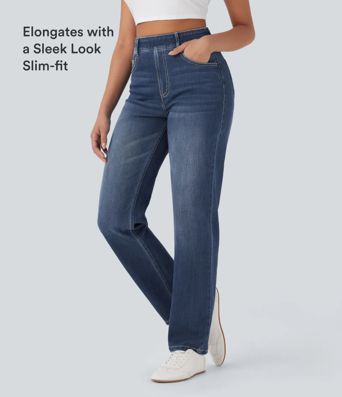 Halara Flex™ High Waisted Tummy Control Pockets Straight Leg Washed Casual Jeans Halara Flex™ High Waisted Tummy Control Pockets Straight Leg Washed Casual Jeans