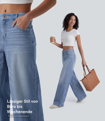 Halara Flex™ - Lässige, verwaschene Baggy-Jeans mit mittelhohem Bund, mehreren Taschen und weitem Bein
