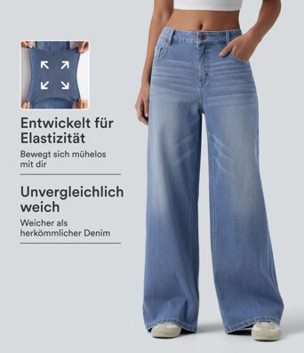 Halara Flex™ - Lässige, verwaschene Baggy-Jeans mit mittelhohem Bund, mehreren Taschen und weitem Bein