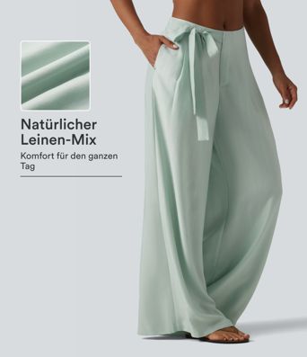 Baggy-Hose aus Leinenmischgewebe mit hohem Bund, Seitentaschen und seitlichem Bindeband