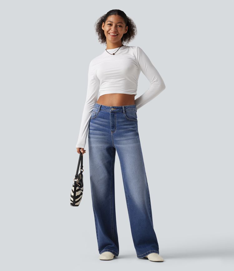 High Waisted Straight Leg Casual Jeans with Pockets High Waisted Straight Leg Casual Jeans with Pockets