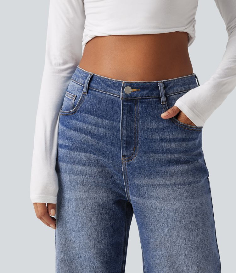 High Waisted Straight Leg Casual Jeans with Pockets High Waisted Straight Leg Casual Jeans with Pockets