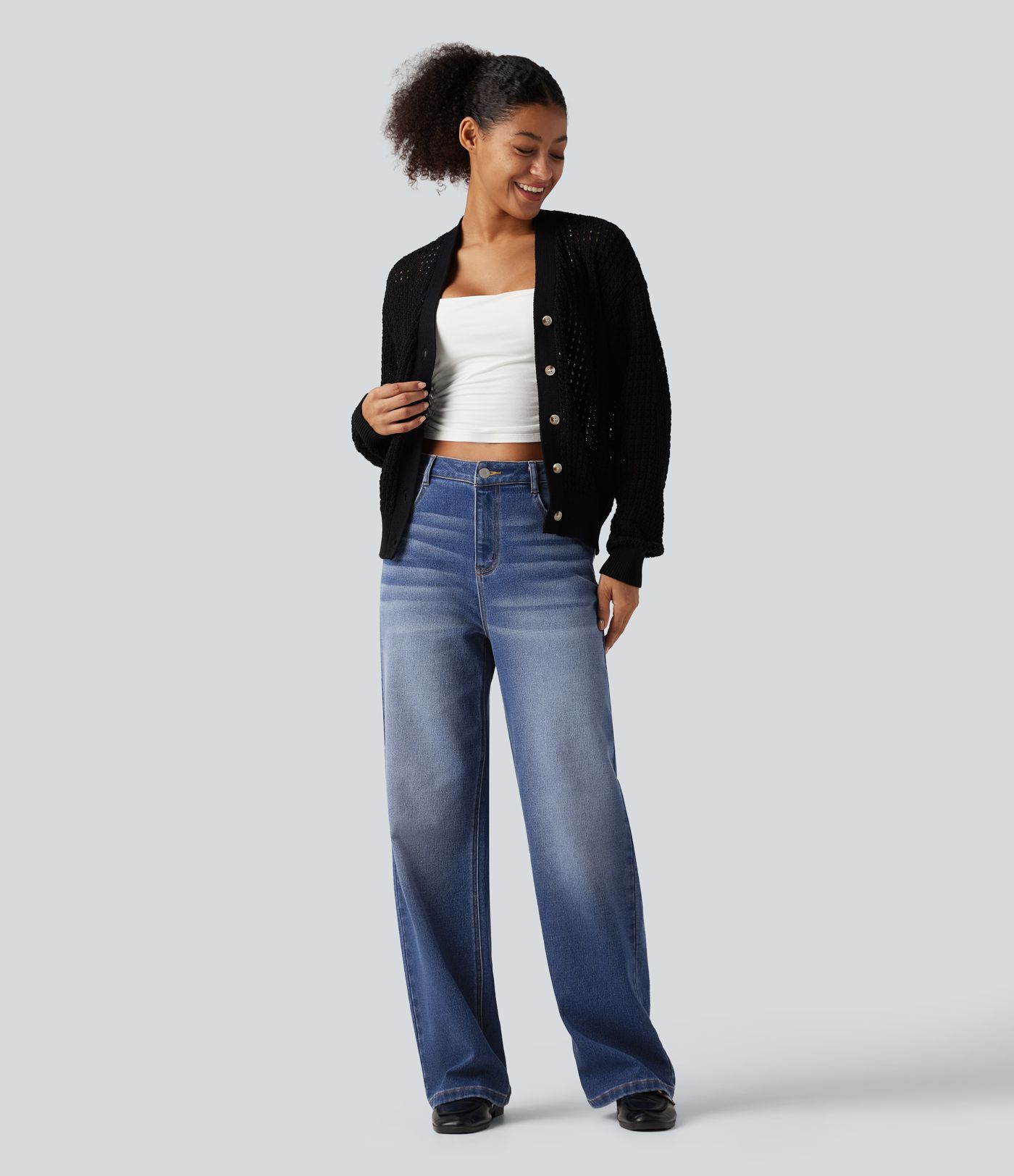 High Waisted Straight Leg Casual Jeans with Pockets High Waisted Straight Leg Casual Jeans with Pockets
