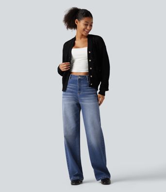 High Waisted Straight Leg Casual Jeans with Pockets High Waisted Straight Leg Casual Jeans with Pockets