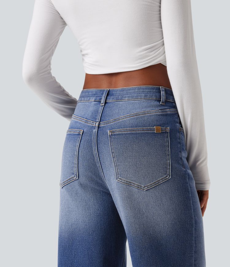 High Waisted Straight Leg Casual Jeans with Pockets High Waisted Straight Leg Casual Jeans with Pockets