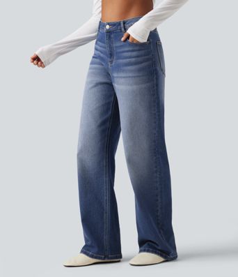 High Waisted Straight Leg Casual Jeans with Pockets High Waisted Straight Leg Casual Jeans with Pockets