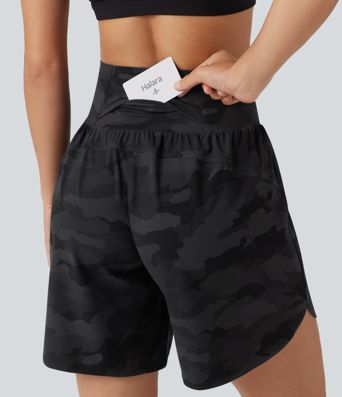 Halara UltraSculpt™ Camo Print High Waisted Tummy Control Curved Hem Running Shorts 7" with Pocket