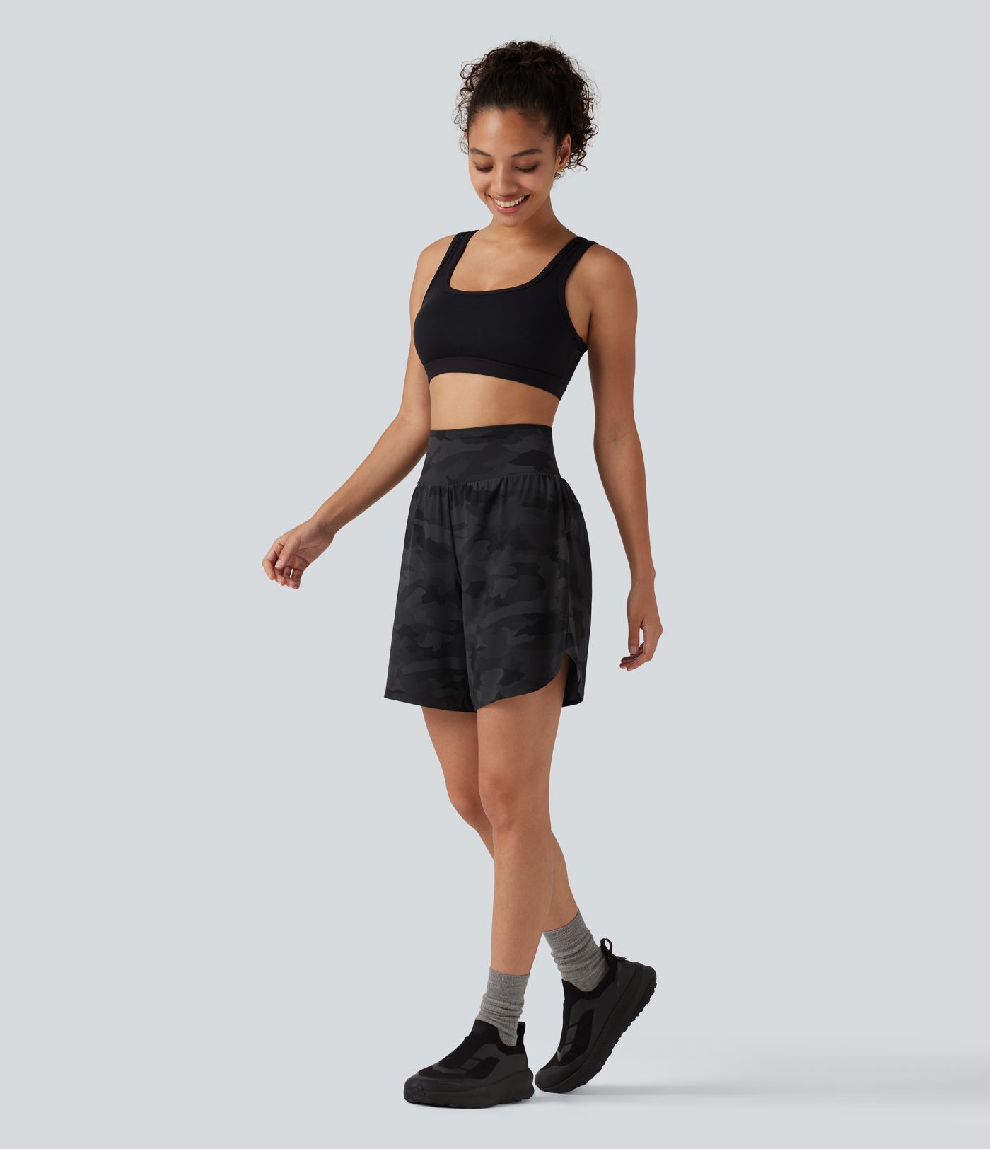 Halara UltraSculpt™ Camo Print High Waisted Tummy Control Curved Hem Running Shorts 7" with Pocket