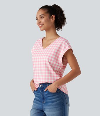 Ternet casual T-shirt med V-hals og cap-ærmer
