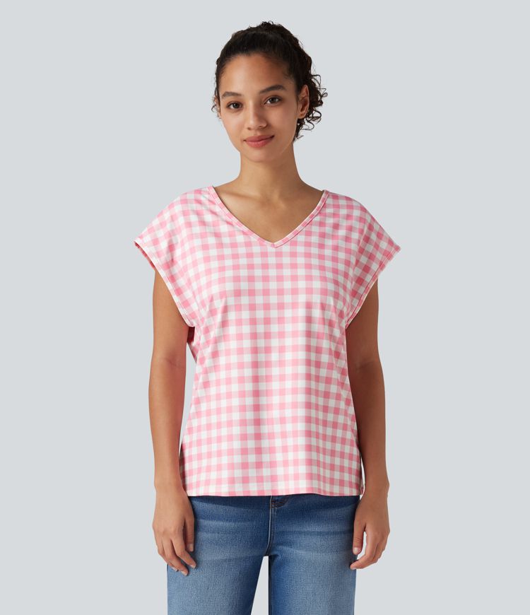 Ternet casual T-shirt med V-hals og cap-ærmer
