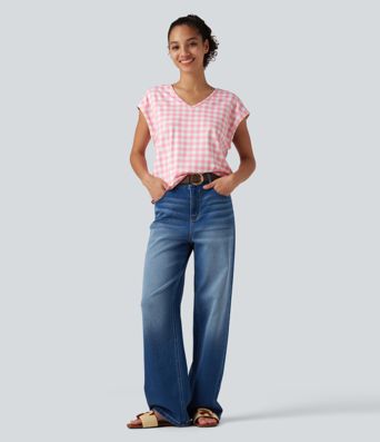 Ternet casual T-shirt med V-hals og cap-ærmer