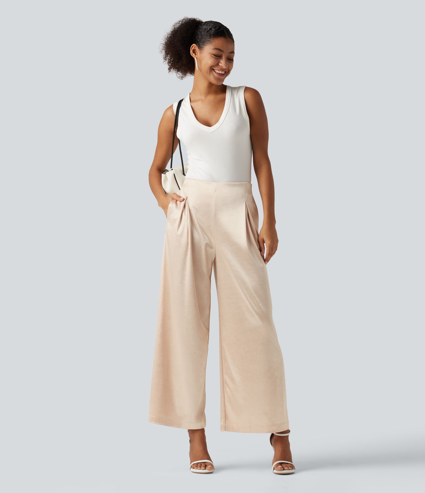 High Waisted Wide Leg Satin Work Pants with Pockets High Waisted Wide Leg Satin Work Pants with Pockets