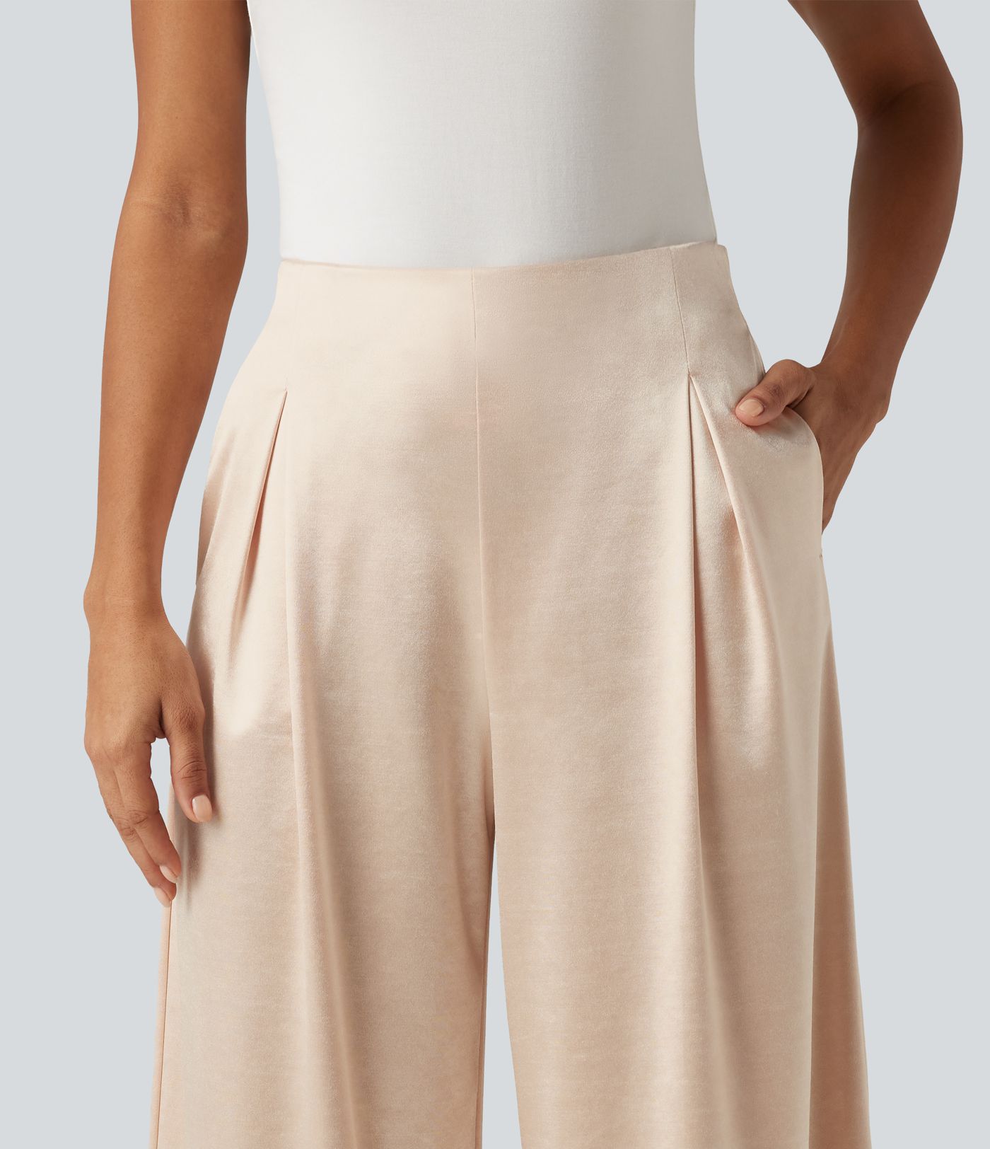 High Waisted Wide Leg Satin Work Pants with Pockets High Waisted Wide Leg Satin Work Pants with Pockets