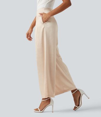 High Waisted Wide Leg Satin Work Pants with Pockets High Waisted Wide Leg Satin Work Pants with Pockets