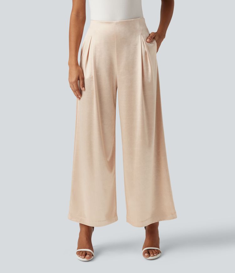 High Waisted Wide Leg Satin Work Pants with Pockets High Waisted Wide Leg Satin Work Pants with Pockets