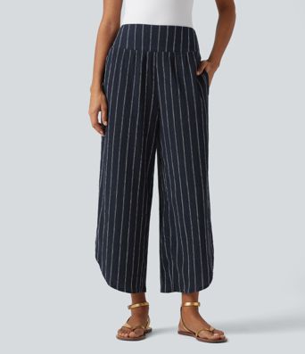 Lässige Hose mit hohem Bund, mehreren Taschen, Streifen und abgerundetem Saum