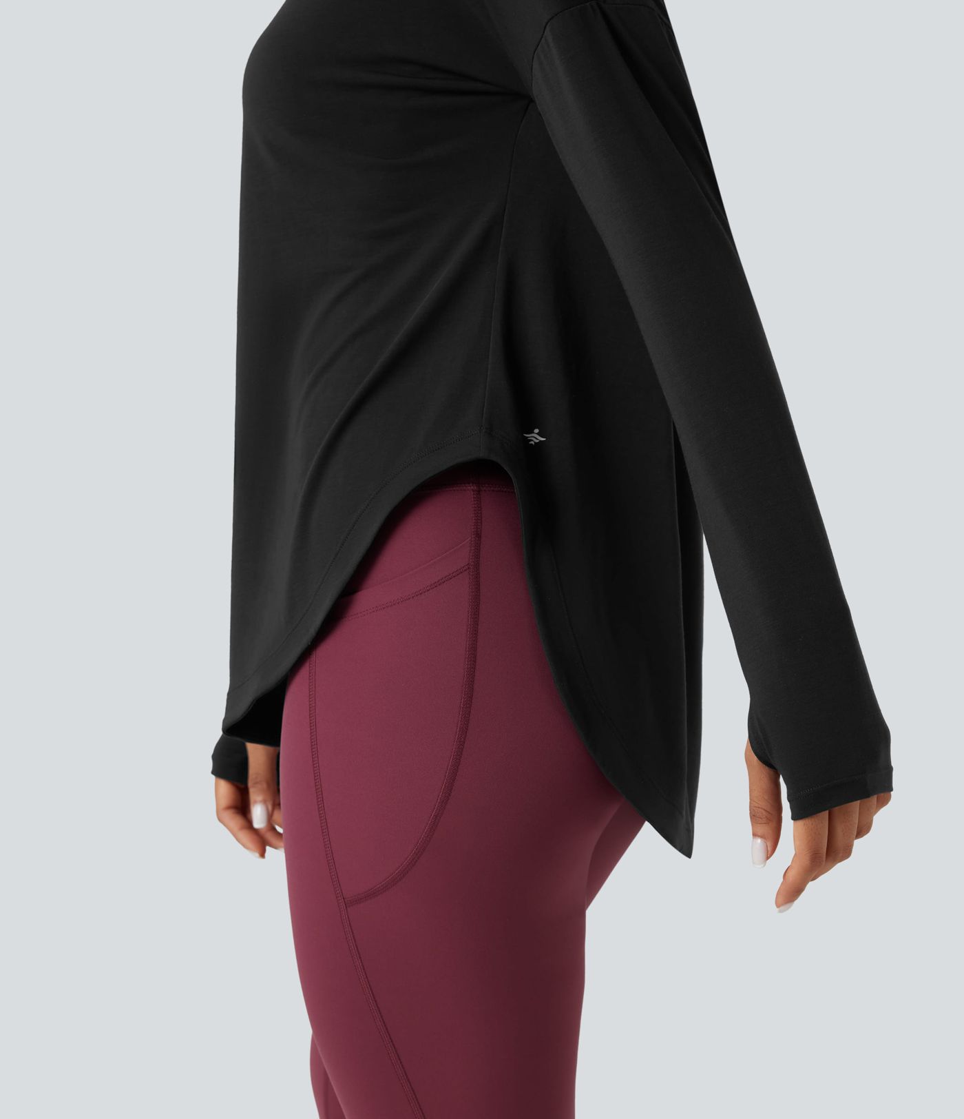 One Shoulder Long Sleeve Thumb Hole Curved Hem High Low Quick Dry Yoga Sports Top-Built-in Bra One Shoulder Long Sleeve Thumb Hole Curved Hem High Low Quick Dry Yoga Sports Top-Built-in Bra