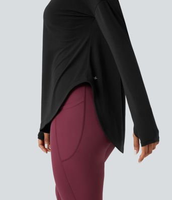 One Shoulder Long Sleeve Thumb Hole Curved Hem High Low Quick Dry Yoga Sports Top-Built-in Bra One Shoulder Long Sleeve Thumb Hole Curved Hem High Low Quick Dry Yoga Sports Top-Built-in Bra