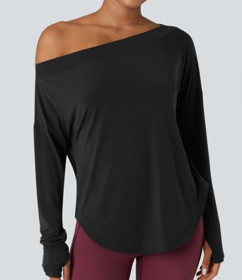 One Shoulder Long Sleeve Thumb Hole Curved Hem High Low Quick Dry Yoga Sports Top-Built-in Bra One Shoulder Long Sleeve Thumb Hole Curved Hem High Low Quick Dry Yoga Sports Top-Built-in Bra