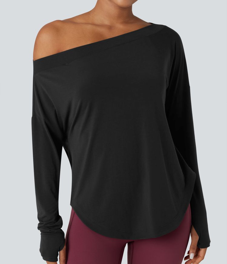 One Shoulder Long Sleeve Thumb Hole Curved Hem High Low Quick Dry Yoga Sports Top-Built-in Bra One Shoulder Long Sleeve Thumb Hole Curved Hem High Low Quick Dry Yoga Sports Top-Built-in Bra