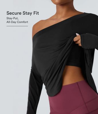 One Shoulder Long Sleeve Thumb Hole Curved Hem High Low Quick Dry Yoga Sports Top-Built-in Bra One Shoulder Long Sleeve Thumb Hole Curved Hem High Low Quick Dry Yoga Sports Top-Built-in Bra