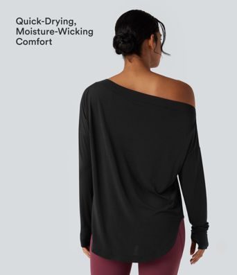 One Shoulder Long Sleeve Thumb Hole Curved Hem High Low Quick Dry Yoga Sports Top-Built-in Bra One Shoulder Long Sleeve Thumb Hole Curved Hem High Low Quick Dry Yoga Sports Top-Built-in Bra