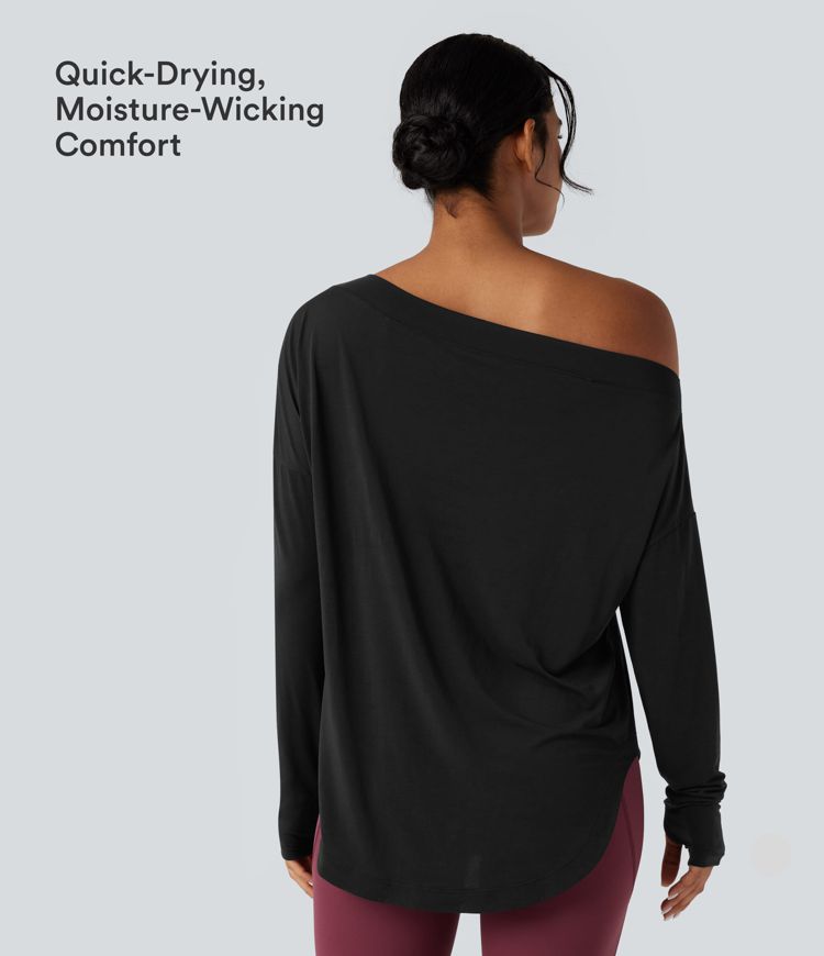 One Shoulder Long Sleeve Thumb Hole Curved Hem High Low Quick Dry Yoga Sports Top-Built-in Bra One Shoulder Long Sleeve Thumb Hole Curved Hem High Low Quick Dry Yoga Sports Top-Built-in Bra