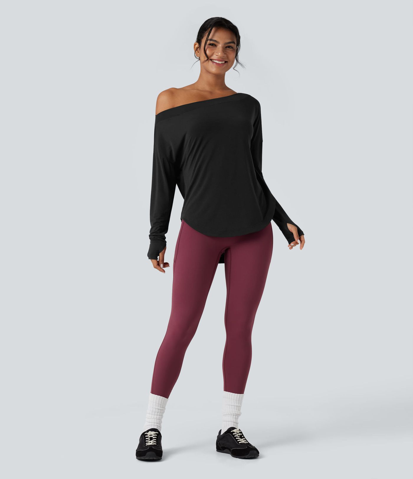 One Shoulder Long Sleeve Thumb Hole Curved Hem High Low Quick Dry Yoga Sports Top-Built-in Bra One Shoulder Long Sleeve Thumb Hole Curved Hem High Low Quick Dry Yoga Sports Top-Built-in Bra