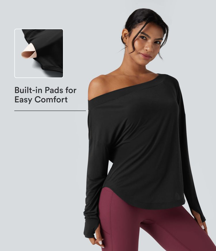 One Shoulder Long Sleeve Thumb Hole Curved Hem High Low Quick Dry Yoga Sports Top-Built-in Bra One Shoulder Long Sleeve Thumb Hole Curved Hem High Low Quick Dry Yoga Sports Top-Built-in Bra