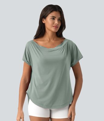 One Shoulder Short Sleeve Curved Hem High Low Quick Dry Yoga Sports Top-Built-in Bra One Shoulder Short Sleeve Curved Hem High Low Quick Dry Yoga Sports Top-Built-in Bra