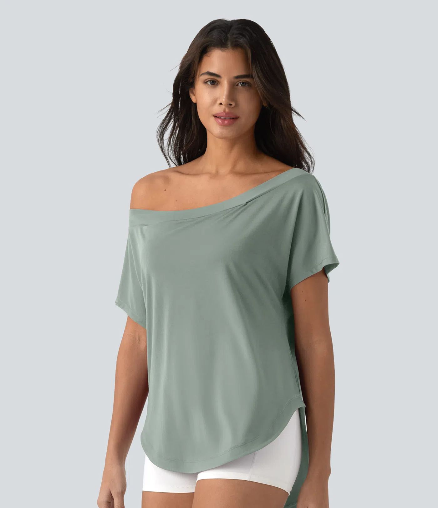 One Shoulder Short Sleeve Curved Hem High Low Quick Dry Yoga Sports Top-Built-in Bra One Shoulder Short Sleeve Curved Hem High Low Quick Dry Yoga Sports Top-Built-in Bra