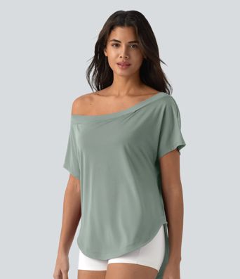 One Shoulder Short Sleeve Curved Hem High Low Quick Dry Yoga Sports Top-Built-in Bra One Shoulder Short Sleeve Curved Hem High Low Quick Dry Yoga Sports Top-Built-in Bra