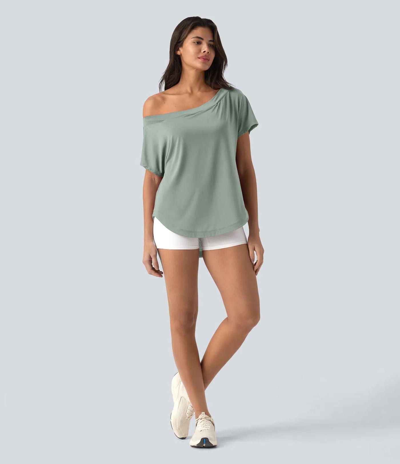 One Shoulder Short Sleeve Curved Hem High Low Quick Dry Yoga Sports Top-Built-in Bra One Shoulder Short Sleeve Curved Hem High Low Quick Dry Yoga Sports Top-Built-in Bra