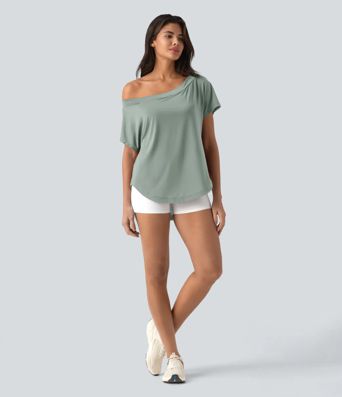 One Shoulder Short Sleeve Curved Hem High Low Quick Dry Yoga Sports Top-Built-in Bra One Shoulder Short Sleeve Curved Hem High Low Quick Dry Yoga Sports Top-Built-in Bra