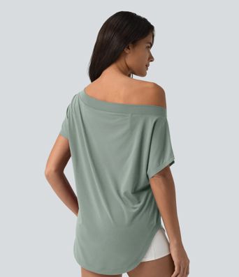 One Shoulder Short Sleeve Curved Hem High Low Quick Dry Yoga Sports Top-Built-in Bra One Shoulder Short Sleeve Curved Hem High Low Quick Dry Yoga Sports Top-Built-in Bra