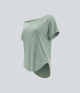 One Shoulder Short Sleeve Curved Hem High Low Quick Dry Yoga Sports Top-Built-in Bra One Shoulder Short Sleeve Curved Hem High Low Quick Dry Yoga Sports Top-Built-in Bra