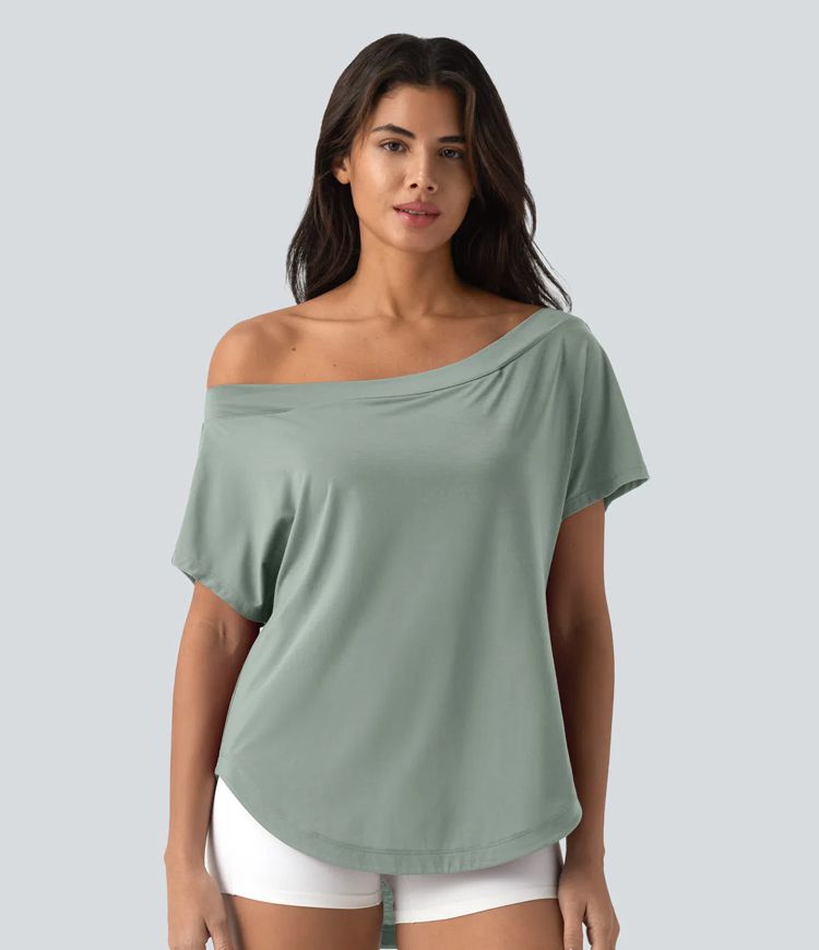 One Shoulder Short Sleeve Curved Hem High Low Quick Dry Yoga Sports Top-Built-in Bra One Shoulder Short Sleeve Curved Hem High Low Quick Dry Yoga Sports Top-Built-in Bra