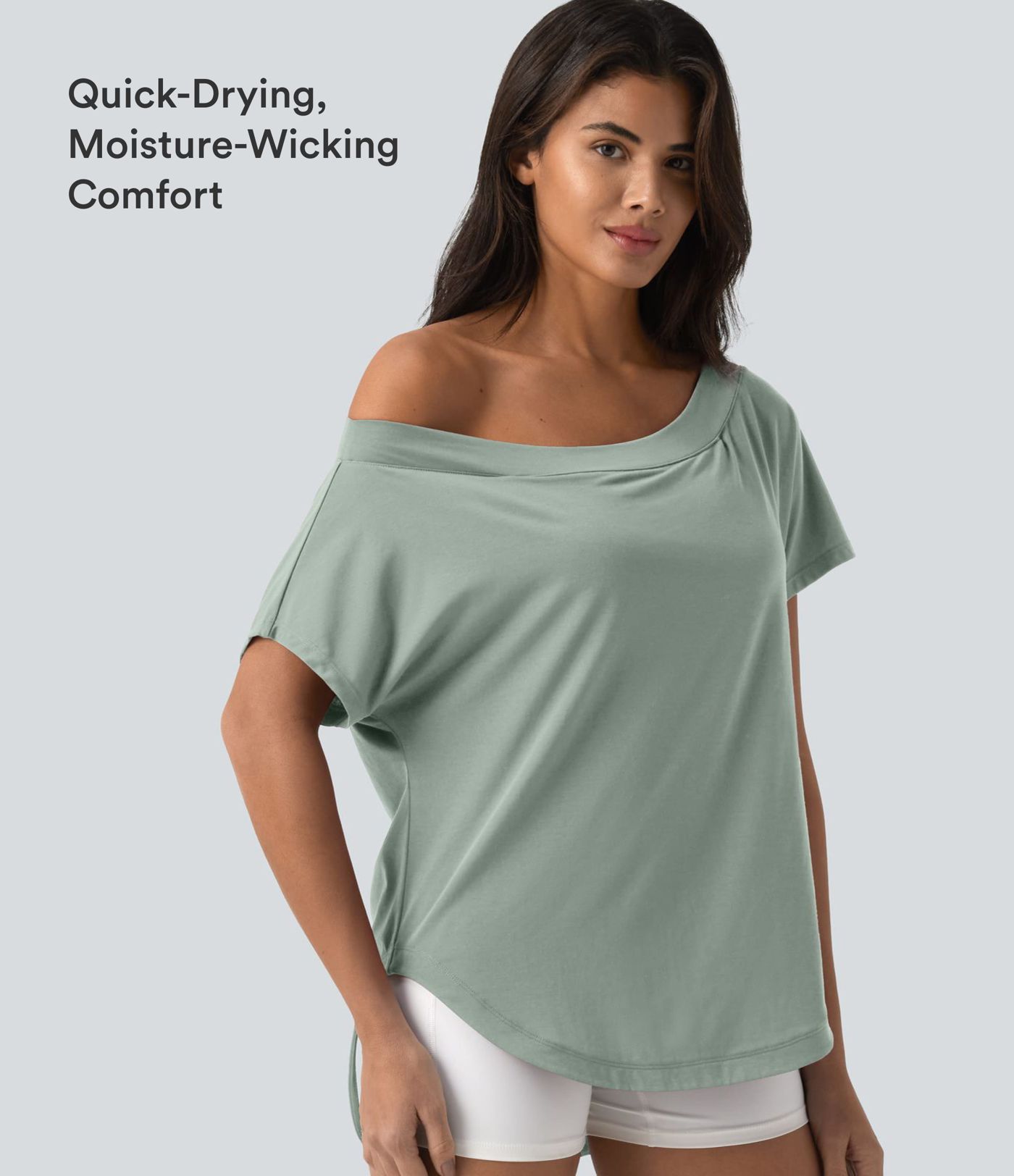 One Shoulder Short Sleeve Curved Hem High Low Quick Dry Yoga Sports Top-Built-in Bra One Shoulder Short Sleeve Curved Hem High Low Quick Dry Yoga Sports Top-Built-in Bra