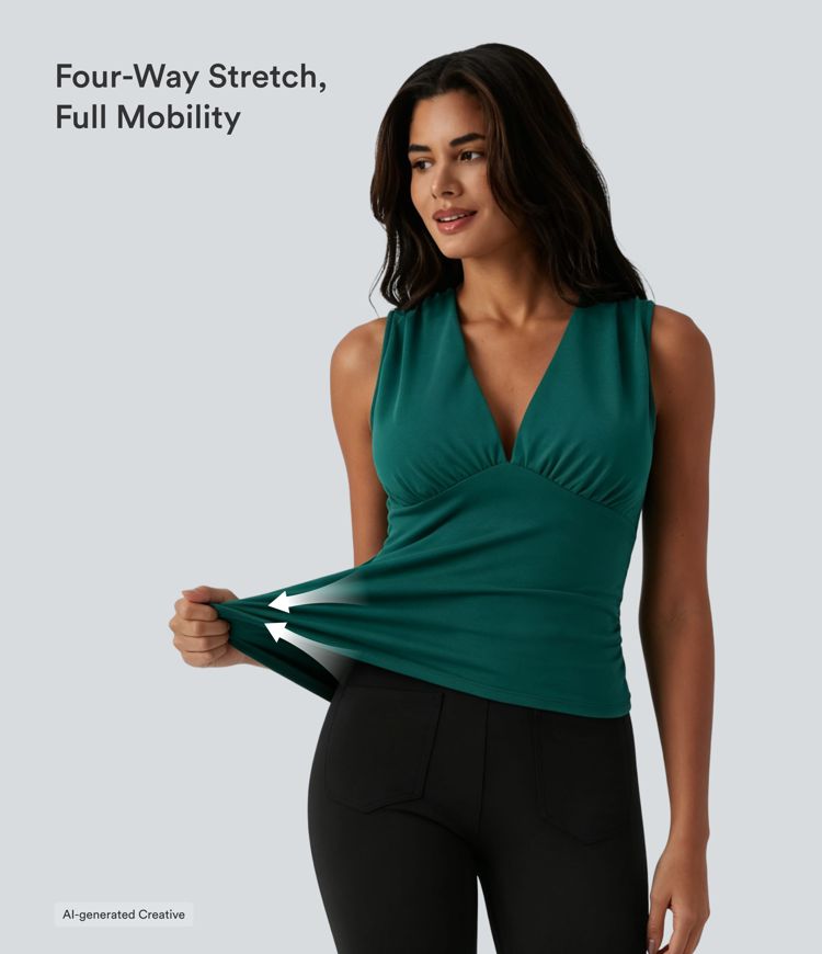 V Neck Ruched Built-in Bra Work Tank Top V Neck Ruched Built-in Bra Work Tank Top
