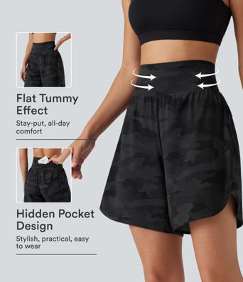 Halara UltraSculpt™ Camo Print High Waisted Tummy Control Curved Hem Running Shorts 7" with Pocket