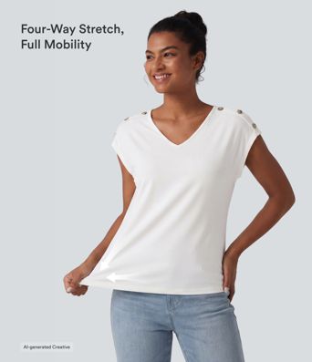 V Neck Decorative Button Cap Sleeve Relaxed Casual T-Shirt