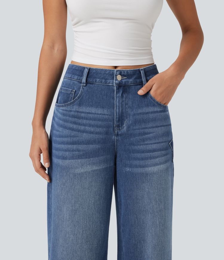 Halara Flex™ - Lässige Baggy-Jeans mit hohem Bund, mehreren Taschen und Stickereimuster Halara Flex™ - Lässige Baggy-Jeans mit hohem Bund, mehreren Taschen und Stickereimuster